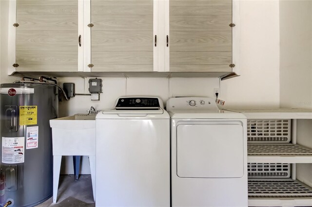 2380 Shelly Dr Unit B, Palm Harbor, FL 34684 - clothes washing area with water heater, washer and dryer, and cabinet space