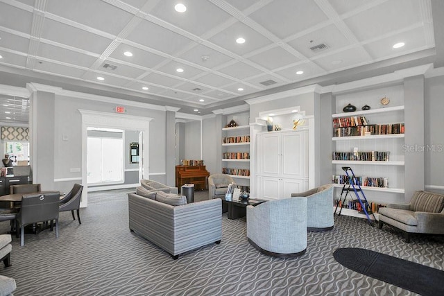 lobby featuring recessed lighting, coffered ceiling, and crown molding