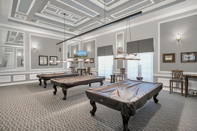 game room with a decorative wall, billiards table, carpet flooring, and crown molding