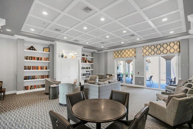 6315 43rd Ct E, Sarasota, FL 34243 - carpeted living area featuring coffered ceiling, recessed lighting, baseboards, built in features, and ornamental molding