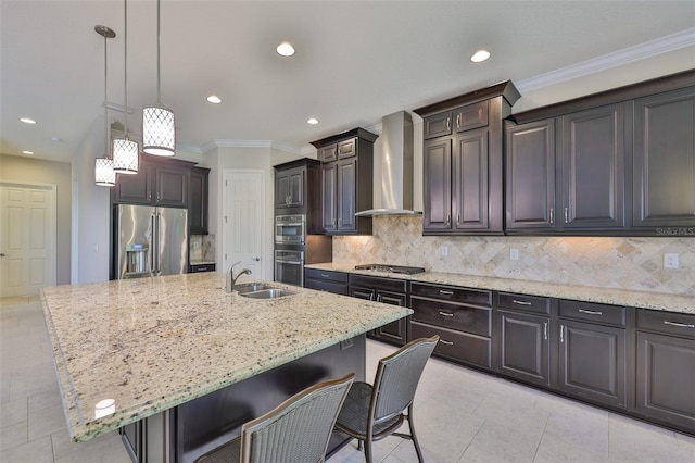 kitchen with stainless steel appliances, wall chimney range hood, light stone counters, a breakfast bar, and recessed lighting