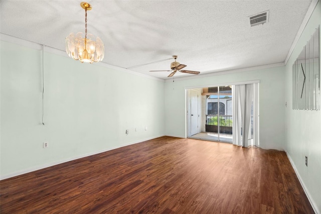 7701 Starkey Rd Unit 504, Seminole, FL 33777 - empty room with wood finished floors, a ceiling fan, a chandelier, ornamental molding, and a textured ceiling