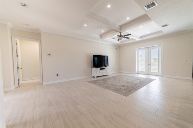 2484 SW 33rd Cir, Okeechobee, FL 34974 - unfurnished living room with ornamental molding, coffered ceiling, a ceiling fan, french doors, and beam ceiling