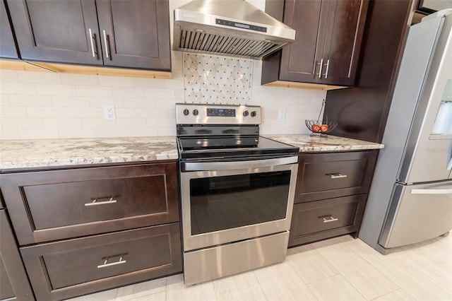 2484 SW 33rd Cir, Okeechobee, FL 34974 - kitchen featuring stainless steel appliances, wall chimney range hood, dark brown cabinetry, and light stone countertops