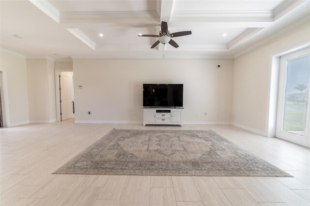2484 SW 33rd Cir, Okeechobee, FL 34974 - unfurnished living room with coffered ceiling, ornamental molding, ceiling fan, beamed ceiling, and light wood-style floors