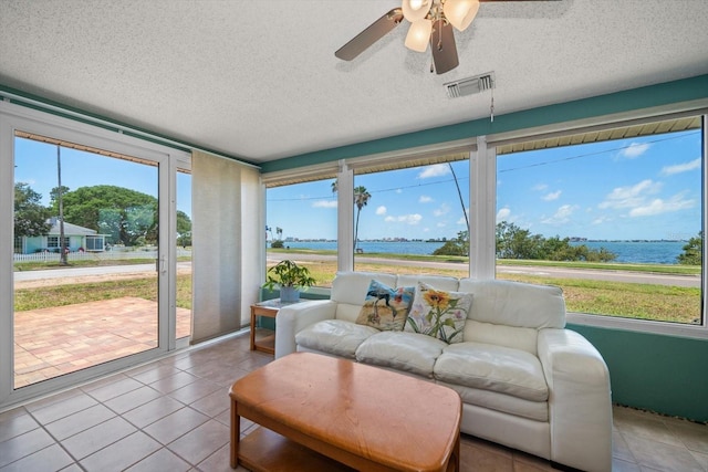 1963 Edgewater Dr, Clearwater, FL 33755 - sunroom / solarium with a water view, ceiling fan, and outdoor lounge area