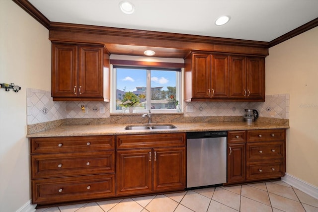 1963 Edgewater Dr, Clearwater, FL 33755 - kitchen featuring stainless steel dishwasher, baseboards, a sink, tasteful backsplash, and ornamental molding