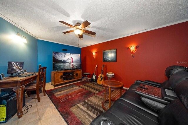 1963 Edgewater Dr, Clearwater, FL 33755 - cinema room featuring a ceiling fan, ornamental molding, a textured ceiling, and light tile patterned flooring