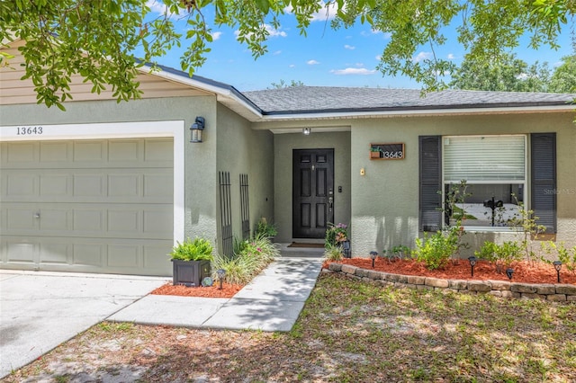 13643 Tramore Dr, Odessa, FL 33556 - property entrance featuring stucco siding, an attached garage, and concrete driveway
