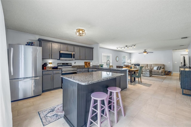 13643 Tramore Dr, Odessa, FL 33556 - kitchen with appliances with stainless steel finishes, open floor plan, a sink, a center island, and ceiling fan
