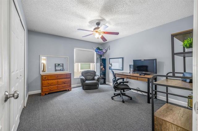 13643 Tramore Dr, Odessa, FL 33556 - carpeted home office featuring ceiling fan, baseboards, and a textured ceiling