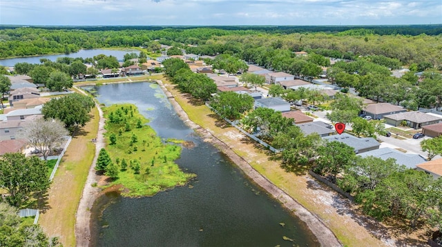 13643 Tramore Dr, Odessa, FL 33556 - aerial perspective of suburban area featuring a forest and a nearby body of water