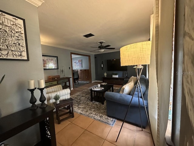 314 Bloomingfield Dr, Brandon, FL 33511 - living room with crown molding, ceiling fan, and light tile patterned flooring