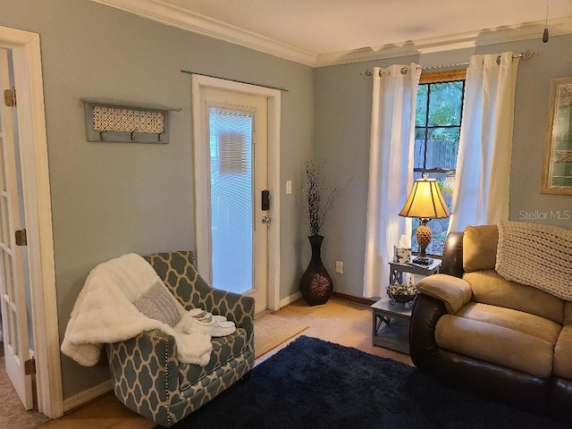 314 Bloomingfield Dr, Brandon, FL 33511 - living room featuring crown molding, carpet floors, and baseboards