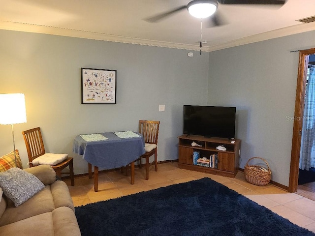 314 Bloomingfield Dr, Brandon, FL 33511 - living area featuring ornamental molding, tile patterned floors, ceiling fan, and baseboards