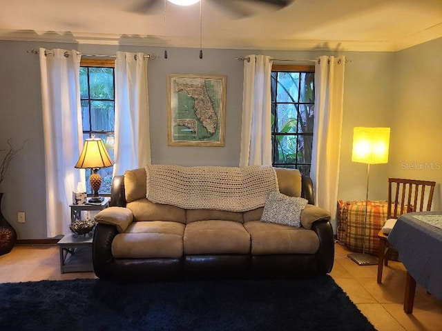 314 Bloomingfield Dr, Brandon, FL 33511 - living area with ceiling fan, ornamental molding, and light tile patterned floors