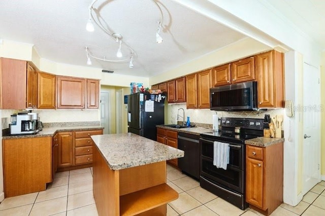 9802 N Oregon Ave, Tampa, FL 33612 - kitchen with black appliances, a sink, brown cabinets, open shelves, and a center island