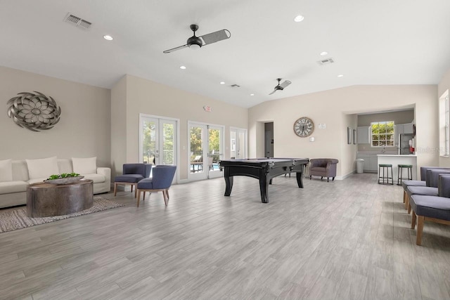5270 Neil Dr, Saint Petersburg, FL 33714 - playroom with pool table, plenty of natural light, vaulted ceiling, recessed lighting, and french doors
