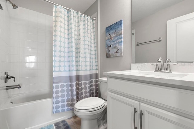 5270 Neil Dr, Saint Petersburg, FL 33714 - bathroom with toilet, vanity, shower / bathtub combination with curtain, and tile patterned flooring