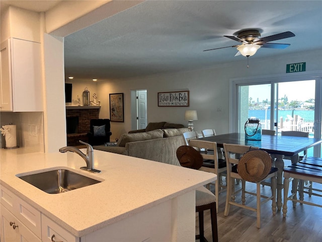 474 20th Ave, Indian Rocks Beach, FL 33785 - kitchen featuring a sink, white cabinetry, ceiling fan, wood finished floors, and a fireplace
