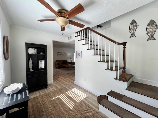 474 20th Ave, Indian Rocks Beach, FL 33785 - entryway featuring stairway, a ceiling fan, light wood finished floors, ornamental molding, and baseboards