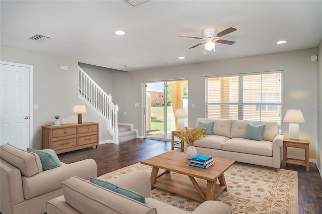 6954 Hawthorne Trace Ln, Riverview, FL 33578 - living room featuring dark wood-style flooring, a ceiling fan, stairs, recessed lighting, and baseboards