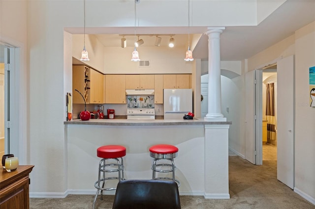 200 4th Ave S Unit 220, Saint Petersburg, FL 33701 - kitchen featuring freestanding refrigerator, ornate columns, under cabinet range hood, a peninsula, and light carpet