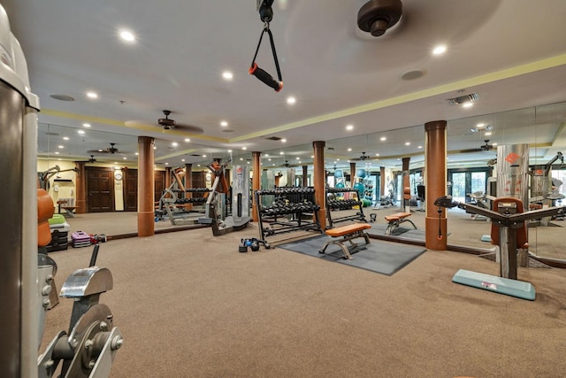 200 4th Ave S Unit 220, Saint Petersburg, FL 33701 - gym featuring decorative columns, carpet, recessed lighting, and a ceiling fan