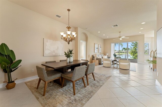 5009 Sandy Brook Cir, Wimauma, FL 33598 - dining space featuring light tile patterned floors, a chandelier, recessed lighting, and ceiling fan