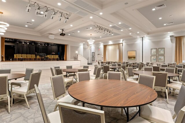 5009 Sandy Brook Cir, Wimauma, FL 33598 - dining space with crown molding, a tray ceiling, ornate columns, and recessed lighting