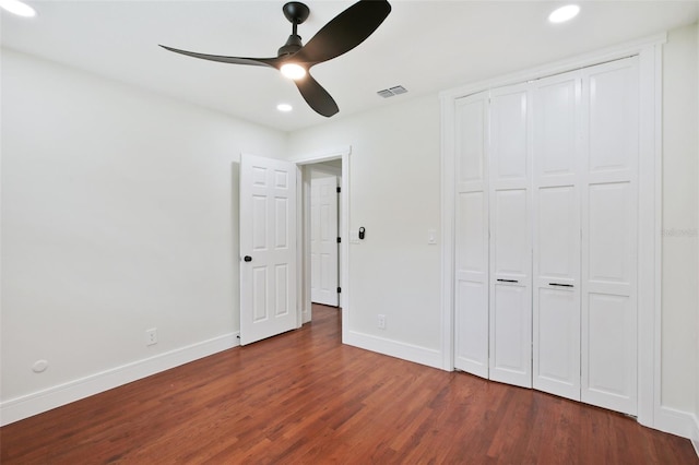 226 Willowick Ave, Temple Terrace, FL 33617 - unfurnished bedroom with wood finished floors, recessed lighting, baseboards, a ceiling fan, and a closet