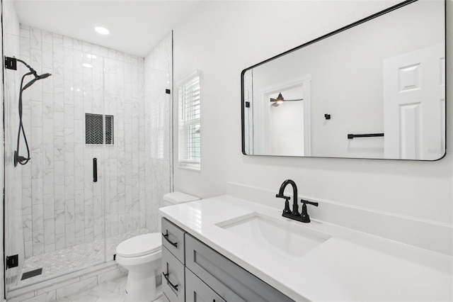 226 Willowick Ave, Temple Terrace, FL 33617 - bathroom featuring marble look tile flooring, vanity, a shower stall, toilet, and recessed lighting