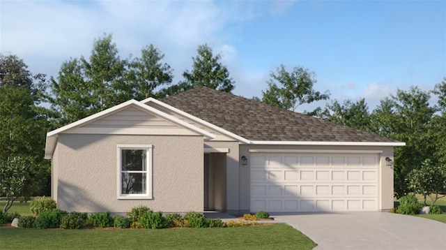 20159 Holland Ave, Port Charlotte, FL 33952 - ranch-style house with driveway, an attached garage, a front yard, stucco siding, and a shingled roof