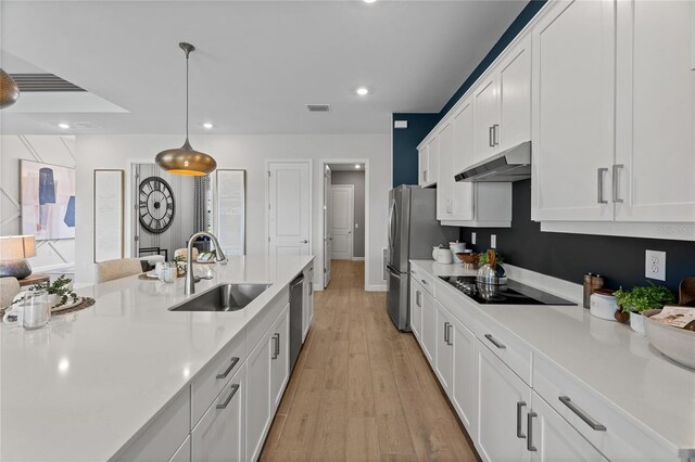 10447 New Brunswick St, Port Charlotte, FL 33981 - kitchen with under cabinet range hood, a sink, appliances with stainless steel finishes, white cabinets, and recessed lighting