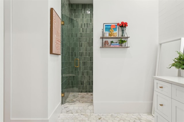 2902 S Beach Dr, Tampa, FL 33629 - bathroom featuring a shower stall, vanity, baseboards, and tile patterned floors
