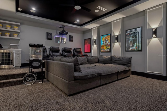 2902 S Beach Dr, Tampa, FL 33629 - carpeted cinema room featuring a raised ceiling, a ceiling fan, recessed lighting, and baseboards