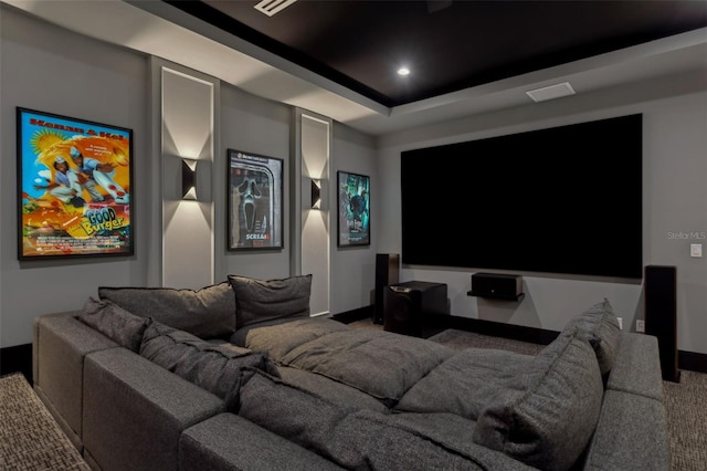 2902 S Beach Dr, Tampa, FL 33629 - carpeted home theater with baseboards, a raised ceiling, and recessed lighting