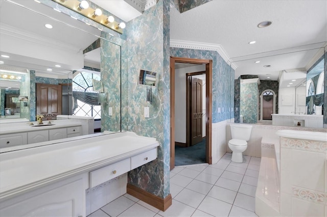 8827 Scout Lake Ct, New Port Richey, FL 34654 - bathroom with crown molding, wallpapered walls, tile patterned flooring, toilet, and vanity
