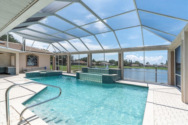 8827 Scout Lake Ct, New Port Richey, FL 34654 - view of pool featuring a pool with connected hot tub, a patio area, a water view, and glass enclosure
