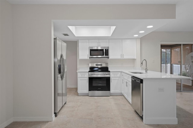4315 Flexer Dr, Hernando Beach, FL 34607 - kitchen with appliances with stainless steel finishes, a sink, a peninsula, light countertops, and white cabinetry