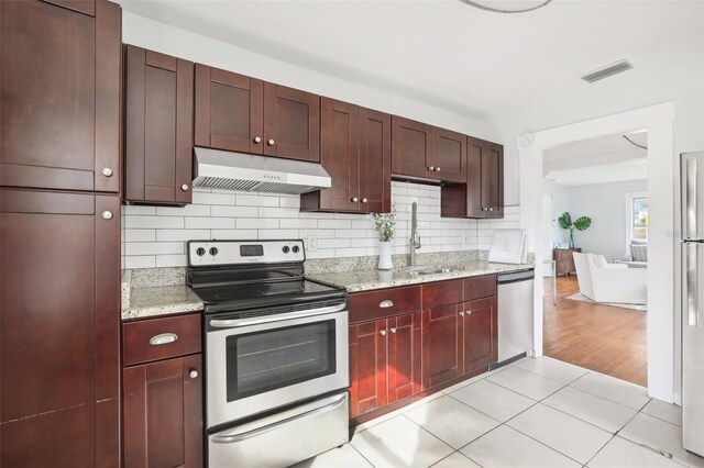 2015 3rd St S, Saint Petersburg, FL 33705 - kitchen featuring stainless steel appliances, a sink, under cabinet range hood, backsplash, and light stone counters