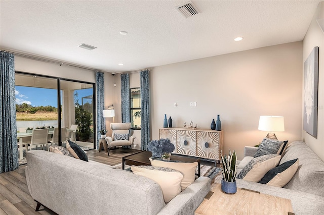13722 Heartwood Way, Parrish, FL 34219 - living room with wood finished floors, a textured ceiling, and recessed lighting