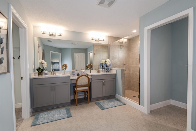 13722 Heartwood Way, Parrish, FL 34219 - bathroom featuring a shower stall, baseboards, vanity, tile patterned flooring, and recessed lighting