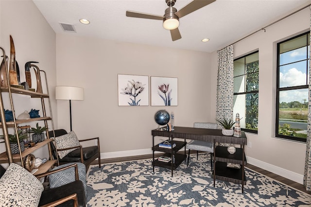 13722 Heartwood Way, Parrish, FL 34219 - office area featuring dark wood-style flooring, ceiling fan, baseboards, and recessed lighting