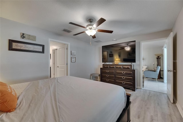 bedroom featuring light wood finished floors and a ceiling fan