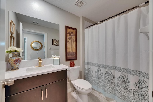 full bath featuring vanity, toilet, tile patterned flooring, and a shower with shower curtain