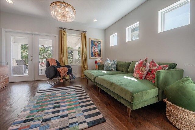 8927 Key W Island Way, Riverview, FL 33578 - living room with hardwood / wood-style flooring, a chandelier, french doors, and recessed lighting