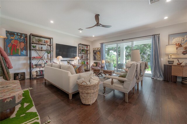 8927 Key W Island Way, Riverview, FL 33578 - living area featuring ornamental molding, dark wood-type flooring, ceiling fan, and recessed lighting