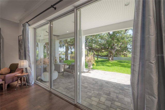 8927 Key W Island Way, Riverview, FL 33578 - entryway with ornamental molding, a water view, and dark wood finished floors