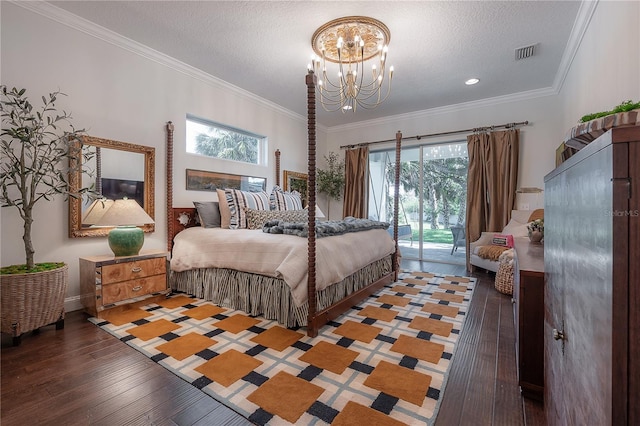 8927 Key W Island Way, Riverview, FL 33578 - bedroom with access to outside, a chandelier, multiple windows, hardwood / wood-style flooring, and crown molding